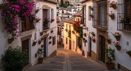 Fototapeta premium Charming Narrow Street with Flower Pots at Golden Hour