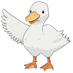 羽を広げ口が開いた手描きのアヒルイラスト