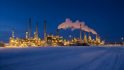 Illuminated Refinery at Dusk in Winter