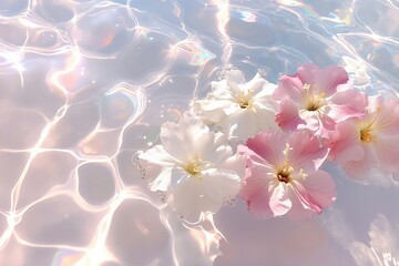 A bunch of white and pink flowers floating in the water