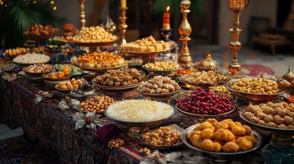 Festive carpet display with semeni, beautifully arranged sweets, and nut platters 
