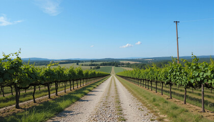 Obraz premium Vineyard Road: A picturesque gravel road winds through a vibrant vineyard, leading the eye towards a tranquil landscape under a bright blue sky.