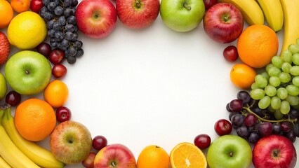 A top-down view of a vibrant semi-circular border made of various fresh fruits including bananas, oranges, red and green apples, grapes, and strawberries, surrounding a white space