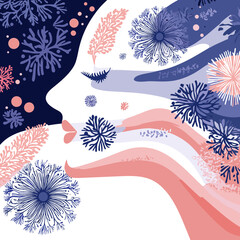 Abstract Profile Portrait of a Woman with Floral and Swirling Design Elements