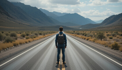 Obraz premium Journey Ahead: A lone traveler stands at the center of a long, seemingly endless road, his back to the camera, facing a majestic mountain range.