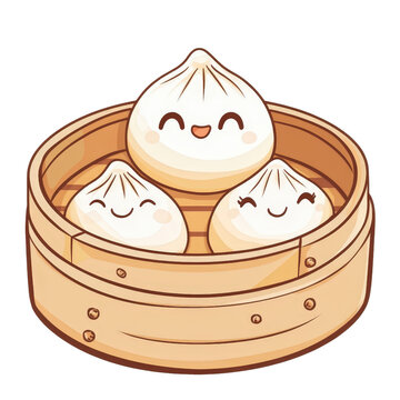 Cute Dim Sum Illustration: A delightful illustration of three cartoon dim sum dumplings with happy faces, steaming inside a traditional bamboo steamer basket.