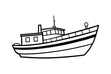 A black and white line art drawing of a vintage fishing boat.eps