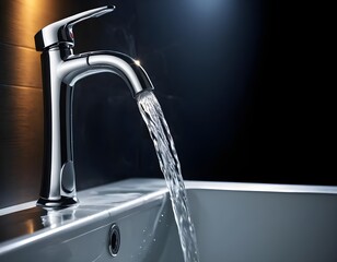 Modern Chrome Faucet with Running Water in a Bathroom Sink