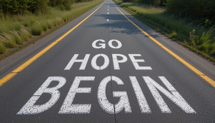 Road to Hope: A perspective of a road with "Go, Hope, Begin" message painted on its surface, invites a reflection on the path to hope, the pursuit of dreams, and the courage to take the first step.  