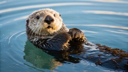 This image shows a delightful sea otter relaxing in calm, clear water, cradling a red item in its front paws while gazing directly at the camera