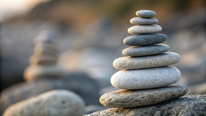 A balanced stack of eight smooth grey and white stones sits on a bed of pebbles, creating a zen-like cairn in a blurred natural setting