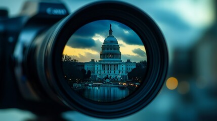 A stunning view of the U.S. Capitol building framed through a camera lens during twilight, showcasing its architectural beauty.