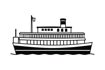 Obraz premium A black and white line art drawing of a vintage paddle steamer.eps