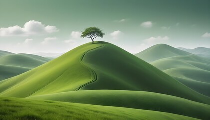 Obraz premium Solitary Tree on Rolling Green Hills