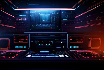 Obraz premium DJ music equipment turntable with neon lights, mixer, stand with amplifier and equalizer with display, edm music club, generative ai