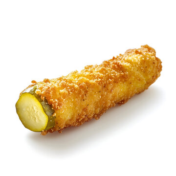 A golden crispy fried pickle spear with seasoned batter, tangy pickle interior, and crunchy coating