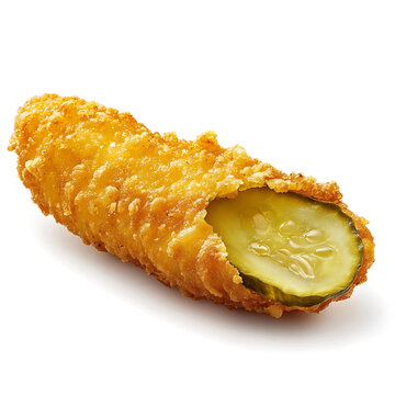 A golden crispy fried pickle spear with seasoned batter, tangy pickle interior, and crunchy coating