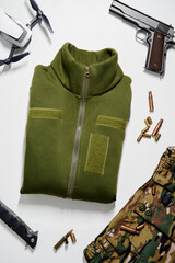 Naklejka premium Tactical Gear and Supplies Displayed in Military Preparation Layout..