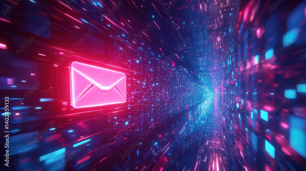Poster digital email communication concept with glowing inbox amidst vibrant data streams representing mode