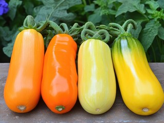 Vibrant Colors of Summer Squash: A Colorful Harvest of Orange, Yellow, and Pale Yellow Zucchini