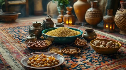 Fototapeta premium Vibrant green semeni, surrounded by festive dishes and nuts on a richly colored rug 