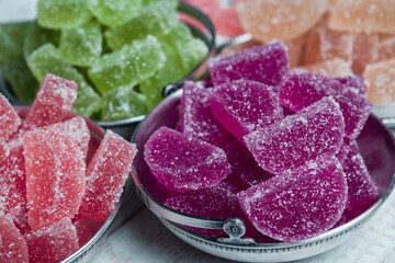 Assortment of sweet confectionery with chocolate candies and pralines. Children's holiday table with chocolate sweets