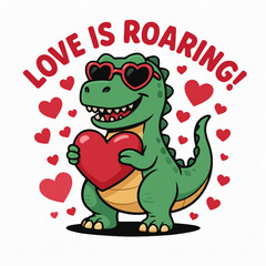 Love is Roaring Dinosaur.  A cute cartoon dinosaur with heart sunglasses holding a big red heart, surrounded by hearts. Ideal for Valentine's cards, kids' gifts, or fun love-themed posts.