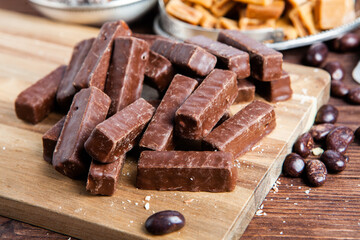 Assortment of sweet confectionery with chocolate candies and pralines. Children's holiday table with chocolate sweets