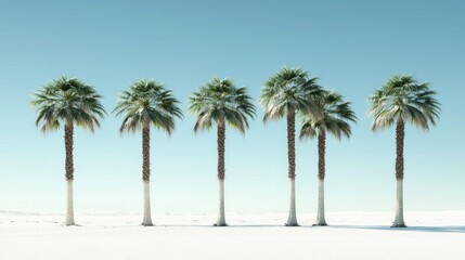 Five palm trees in a desert landscape