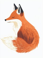 Fototapeta premium Red fox in side profile view with bushy tail curled on a clean white background, highlighting its vibrant fur and calm demeanor