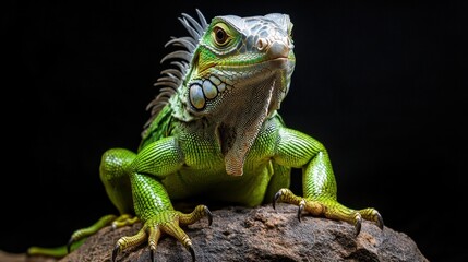 Obraz premium A green iguana displaying white frills rests on a rock, showcasing its vibrant colors and unique features in a lush environment