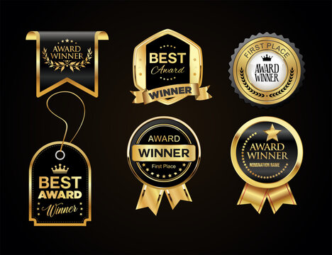 Winner's medal logo collection golden award logo design isolated on black background - Powered by Adobe