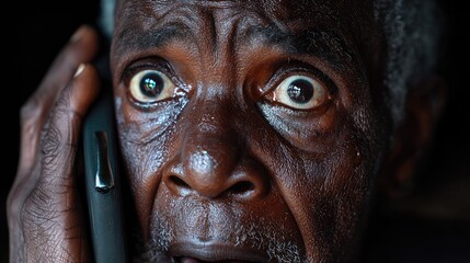 Elderly man with a shocked expression on a phone call