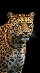 Obraz premium Close portrait of a leopard looking intently, detailed fur texture. Wildlife photography mobile wallpaper background, majestic big cat vertical screen design element.