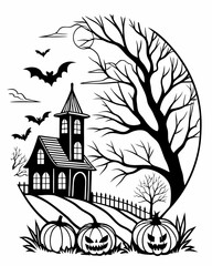 Gothic Haunted Castle Halloween Scene with Jack-o'-Lanterns and Bats – Black and White Line Art Illustration.