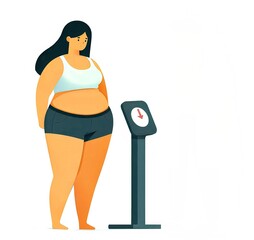 Conceptual isolated vector illustration of overweight young woman on white background with copy space.