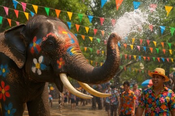 A painted elephant sprays water during Thailand's Songkran festival, with a smiling man in the background. Concept of: Cultural spectacle.
