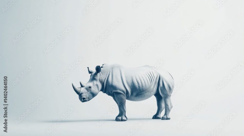 Poster rhinoceros with detailed gray skin standing in minimalistic light shadows against a simple white bac
