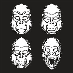 Gorilla head mascot icon with aggressive expression monochrome style vector illustration isolated on black background