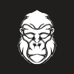 Gorilla head mascot icon with aggressive expression monochrome style vector illustration isolated on black background