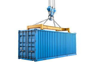 Blue Shipping Container Suspended by Crane, Transparent Background