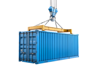 Blue Shipping Container Suspended by Crane, Transparent Background