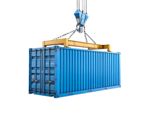 Blue Shipping Container Suspended by Crane, Transparent Background