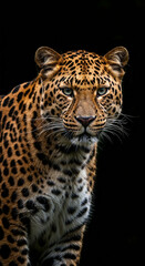 Naklejka premium Detailed headshot of a leopard against a dark background, focusing on eyes. Striking wildlife photography mobile wallpaper, majestic vertical big cat screen saver design.
