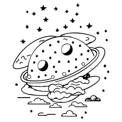 Whimsical Space Planet Doodle with Cloudscape Below