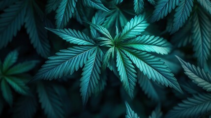 Intricate cannabis leaves in a dark blue digital art style reveal stunning shapes and hues, highlighting the beauty of nature's design