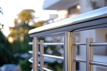 Stainless steel handrail highlights sleek design and reflects warm light in a contemporary residential area during golden hour