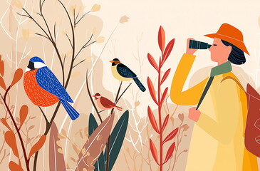 Bird watching in autumn. Illustration of woman with binoculars observing birds. Horizontal banner for social media posts or prints. Birds in the forests. Vector. 