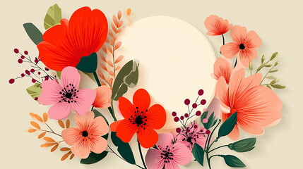 Illustration of spring flowers and leaves around a white circle for copy space text, flat design, vector graphic on a beige background. Greeting card or invitation card. 