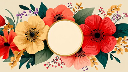 Vector flat illustration of flowers with a blank label for text, background color beige, colorful flowers in red and yellow. Invitation card, greeting or banner. 